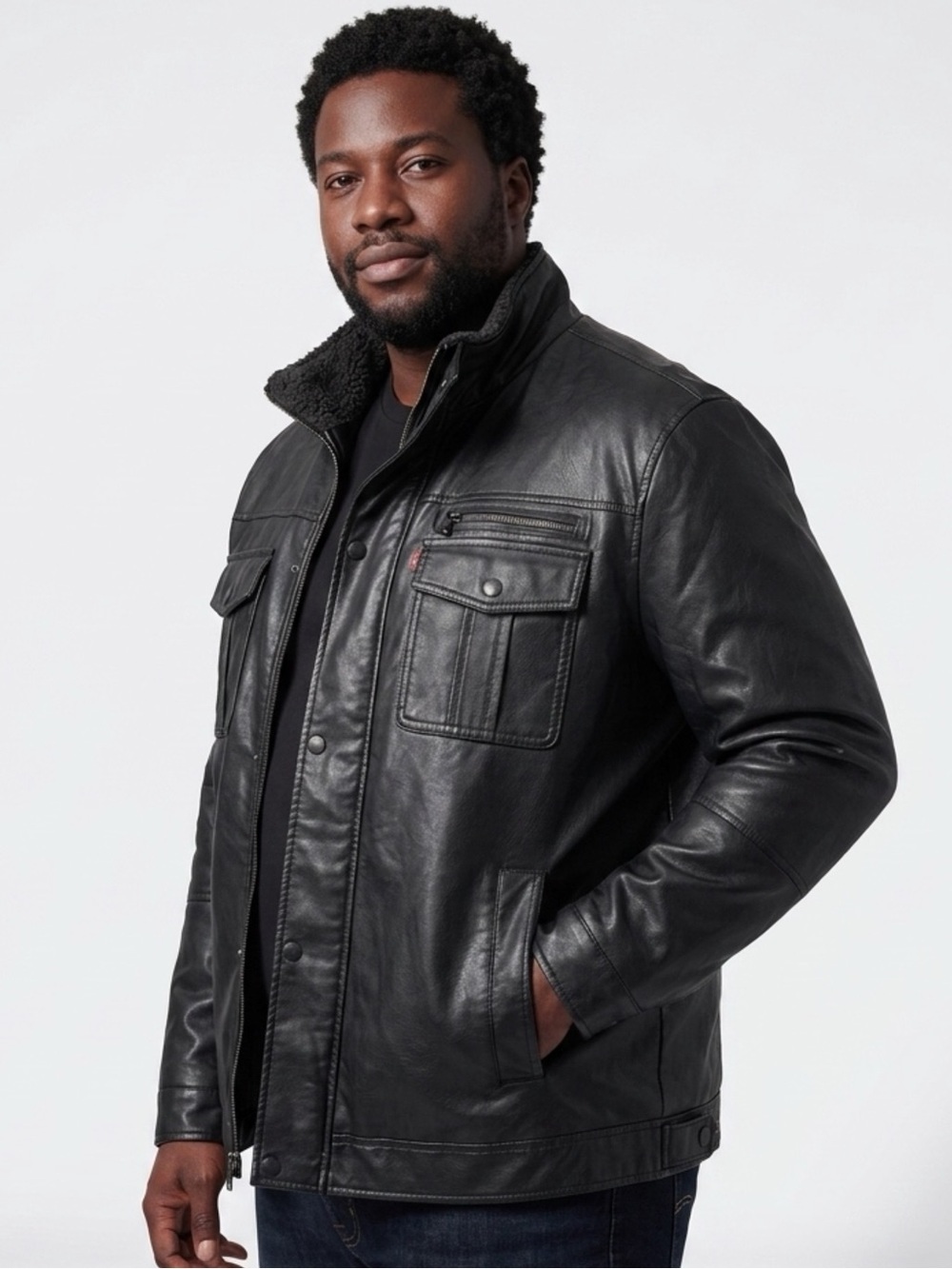 Levi's Men's Black Faux Leather Sherpa-Lined Field Jacket